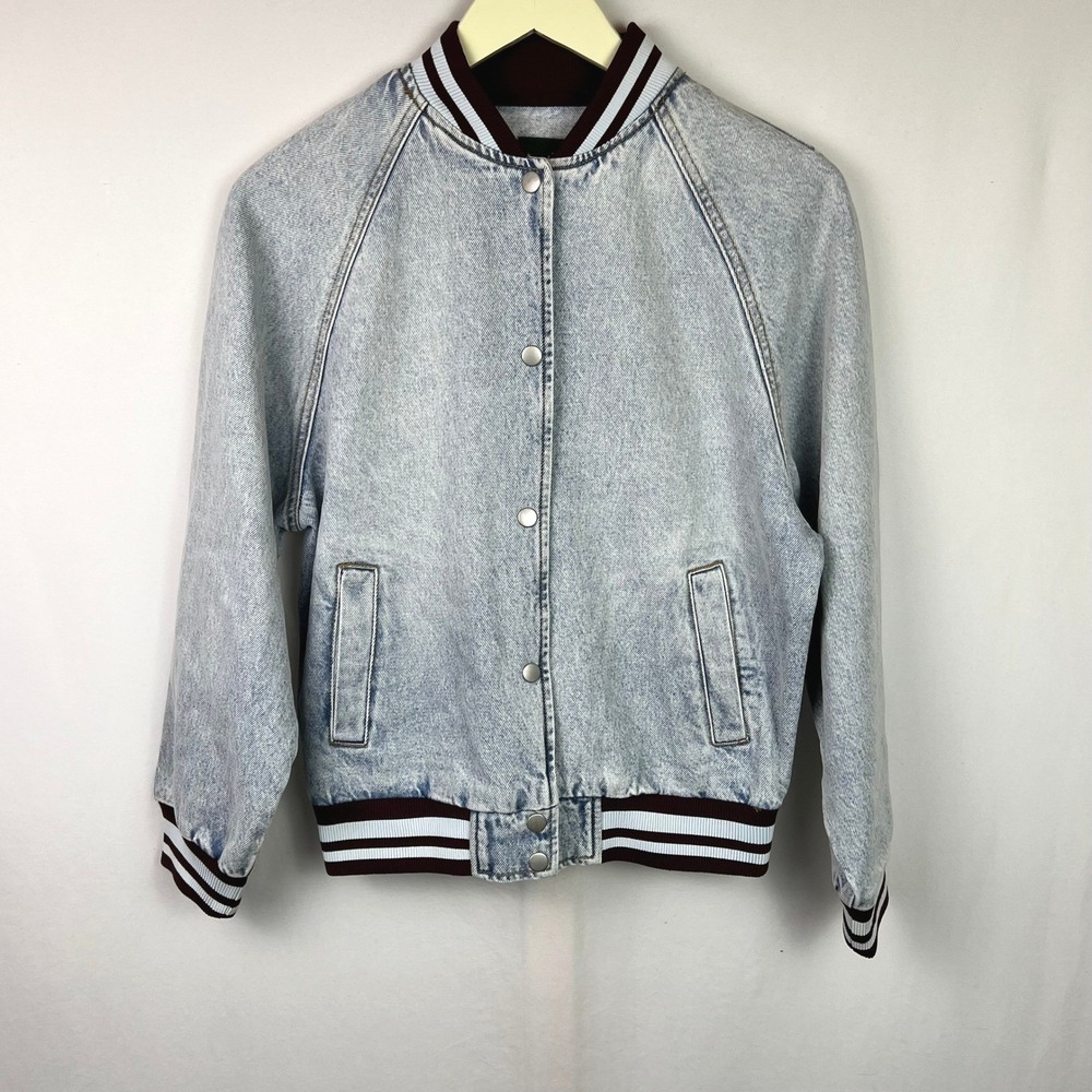 Wild Fable Womens Acid Wash Denim Varsity Bomber Jacket Light Blue XXS
